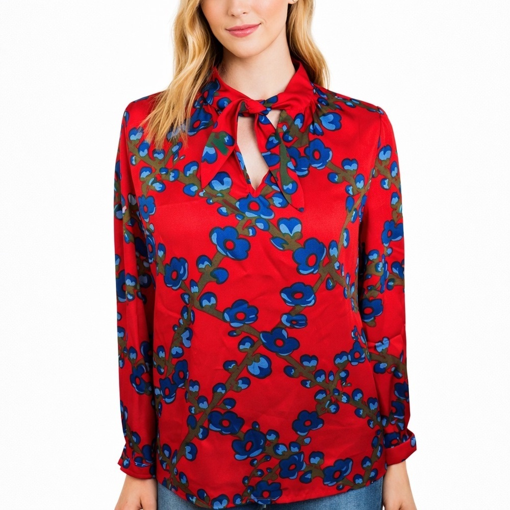 J. Crew Collection Red Tie-neck top in lattice floral Blouse Flowly Chic Size S